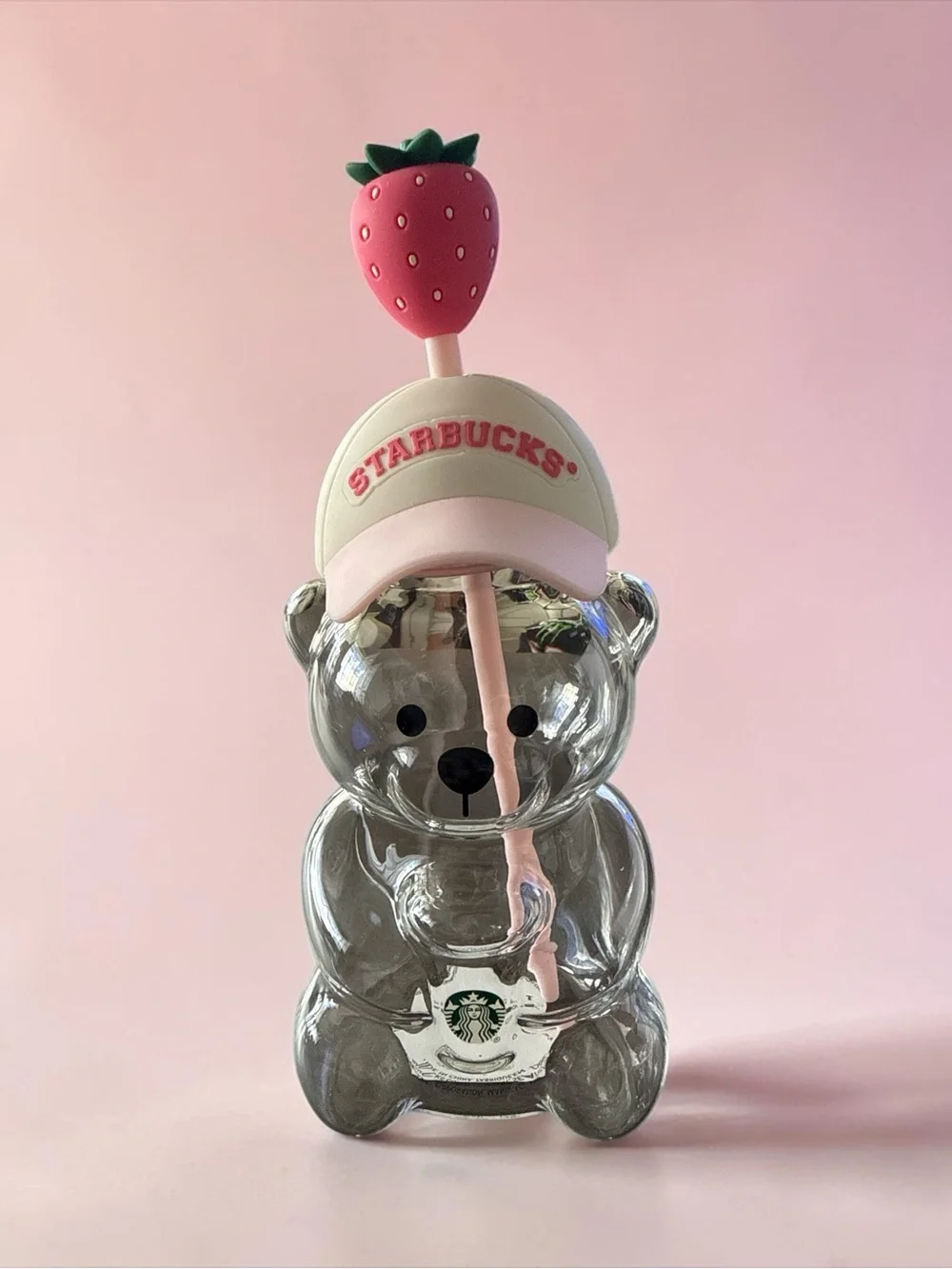 Authentic Starbucks Clear Bear Bottle with Pink Strawberry Straw and Cream Cap